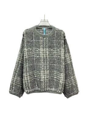 Brunello Cucinelli Gray Sequin Houndstooth Mohair Tweed Knit Sweater